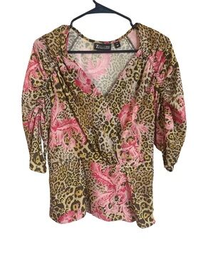 7th Avenue Pink Floral & Leopard Print Wrap Blouse